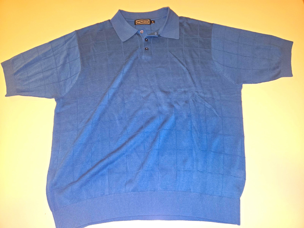 Paul Fredrick Mens XL Blue 100% Silk Knit Polo Shirt Short Sleeve Textured